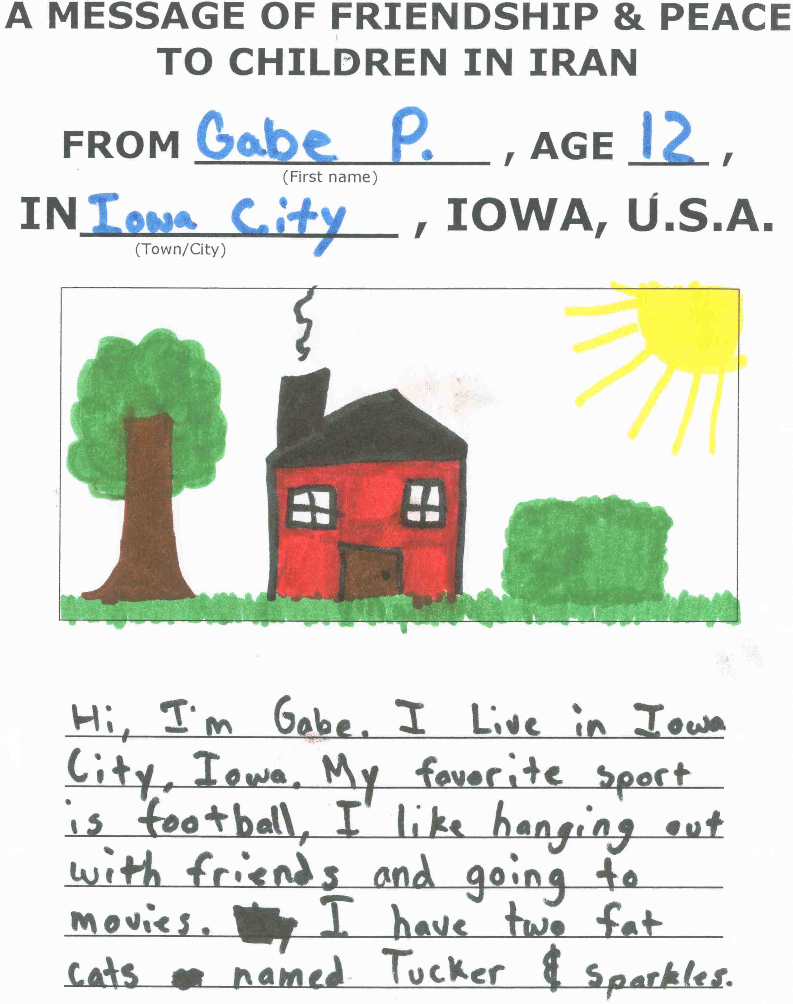 Hi, I'm Gabe.  I live in Iowa City, Iowa.  
My favorite sport is football, I like hanging out with friends and going to movies.  
I have two fat cats named Tucker & Sparkles.